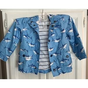 Little Me Rain Coat Jacket 24 Months Blue Sharks Hood Lined Cute Baby Toddler